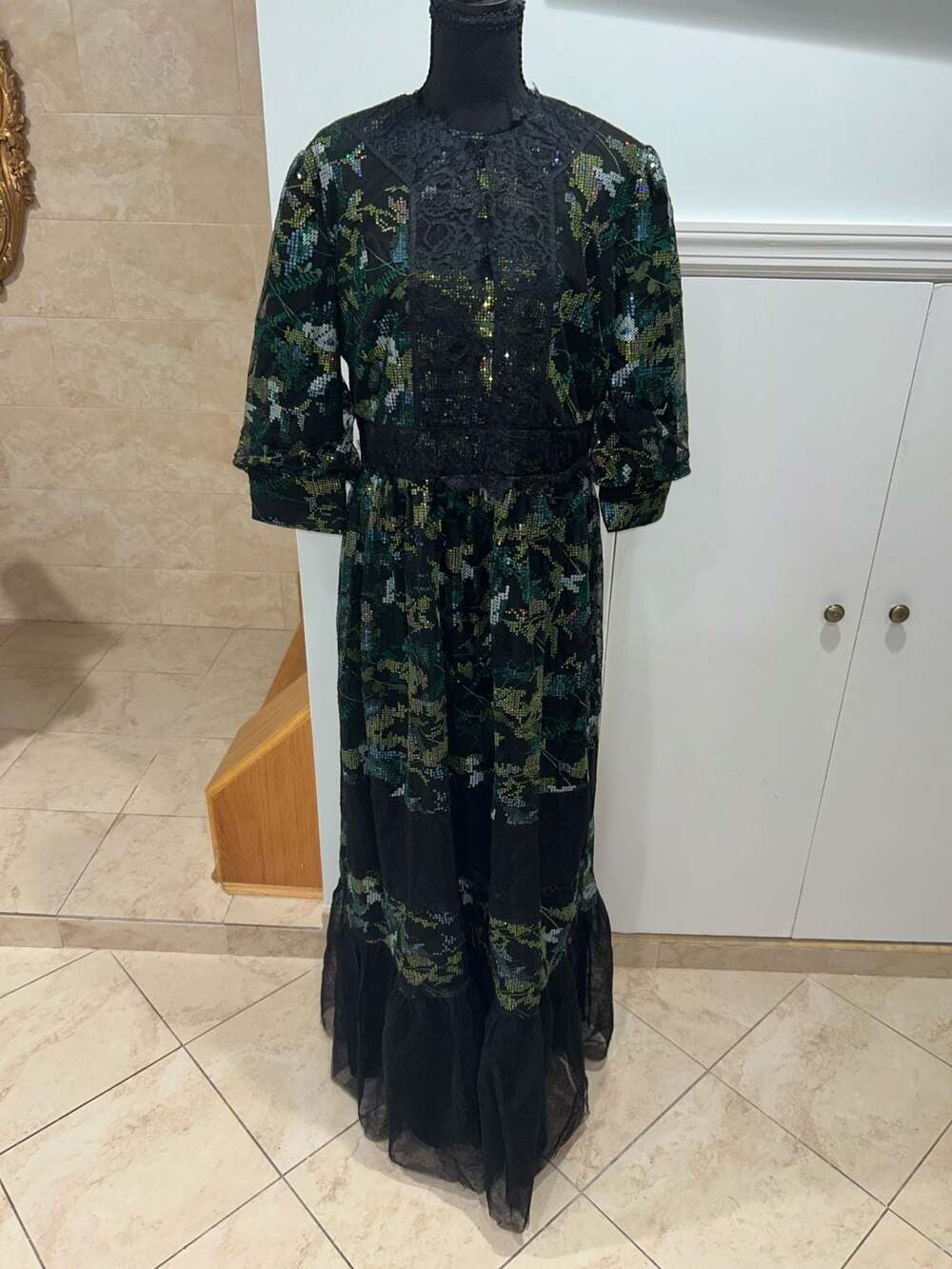 Black Floral Print Sequin Long Sleeve Maxi Dress with Lace Trim